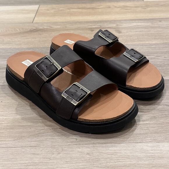 FitFlop NEW GEN-FF Men’s 12 Buckle Two-Bar Brown Leather Slides Sandals main image 9